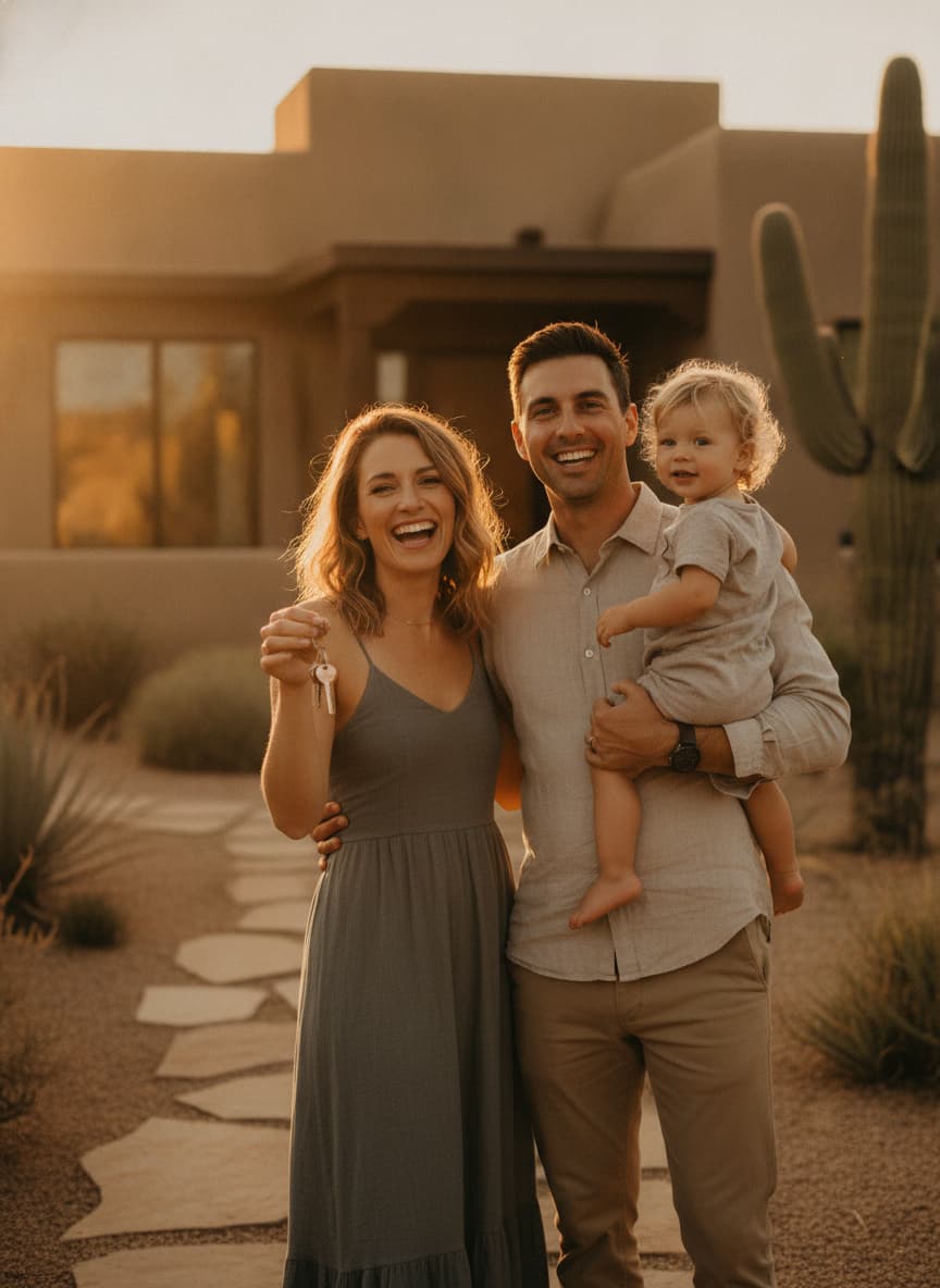 A young family holding the keys to their new Arizona home